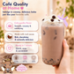 A hand holds a frosted glass jar of chocolate boba milk drink topped with whipped cream and a purple straw, set against a warm blurred cafe background. The left side features marketing text and icons promoting creamy, rich, and quick boba flavor.