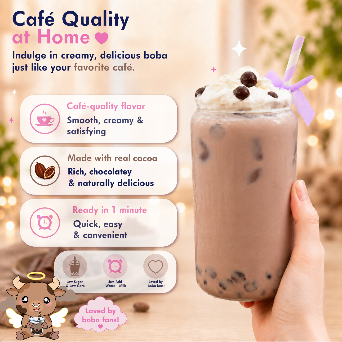 A hand holds a frosted glass jar of chocolate boba milk drink topped with whipped cream and a purple straw, set against a warm blurred cafe background. The left side features marketing text and icons promoting creamy, rich, and quick boba flavor.